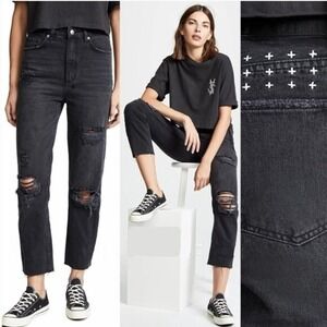 KSUBI ++ Chlo Wasted Caster Oil Black Ripped High Rise Straight Leg Boho 24‎